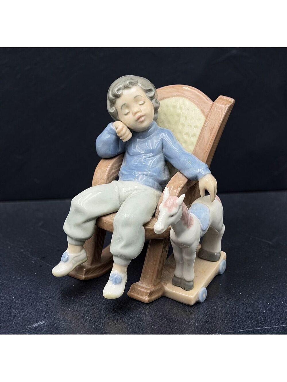 Vintage Lladro All Tuckered Out #5846 Boy Sleeping Rocking Chair Pony Figurine